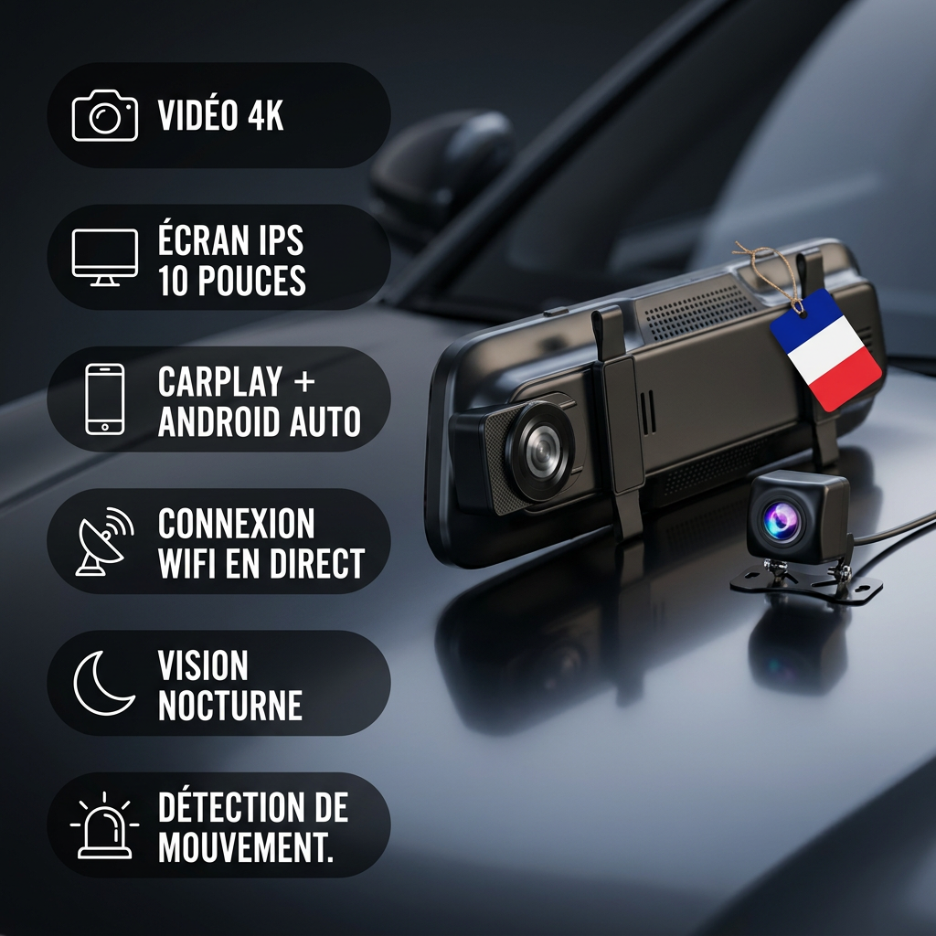 Dashcam Rétroviseur Wifi 4K - 2 caméras : Avant et Arrière