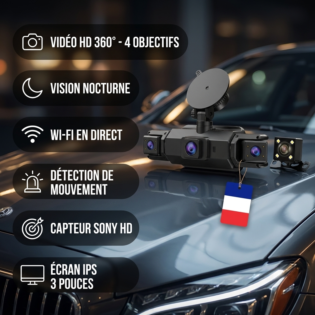 Dashcam 360° Wifi - 4 caméras : 360° Avant, Habitacle et Arrière