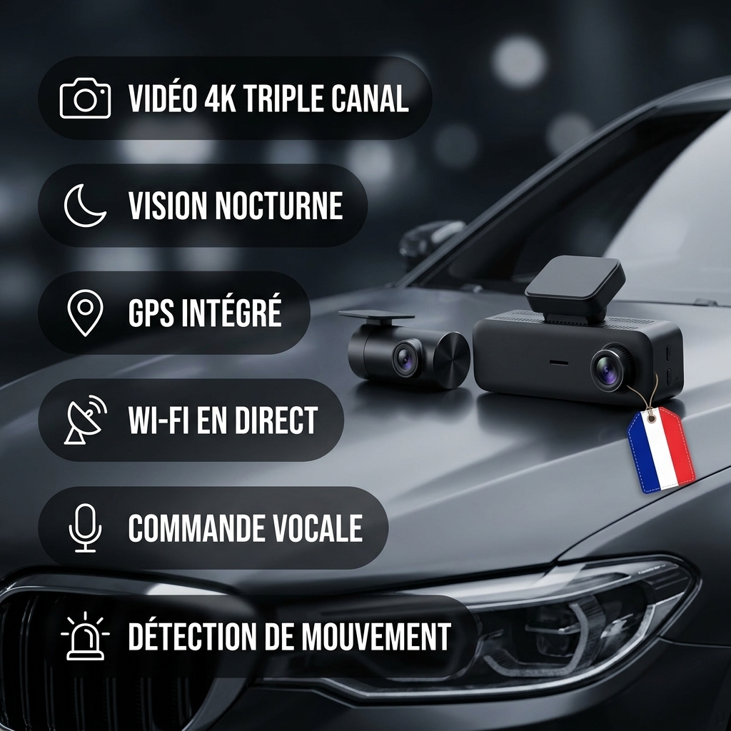 Dashcam Wifi 4K – 3 caméras : Avant, Arrière et Habitacle