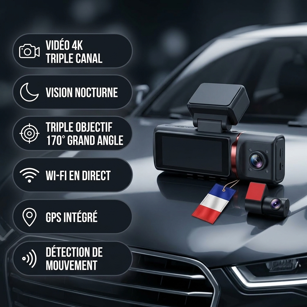 Dashcam WiFi HD – 3 caméras : Avant, Arrière et Habitacle