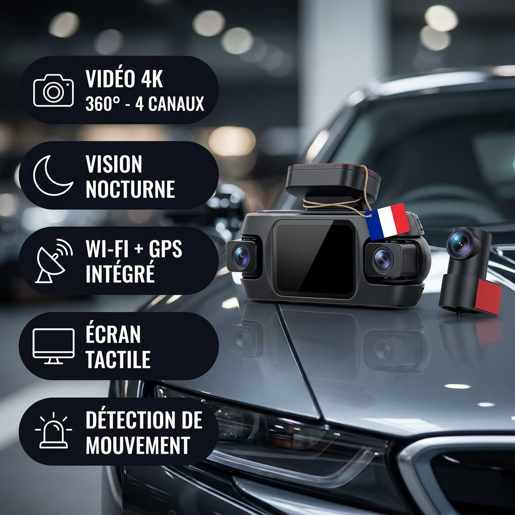 Dashcam 360° WiFi 4K – 4 caméras : 360° Avant, Habitacle et Arrière
